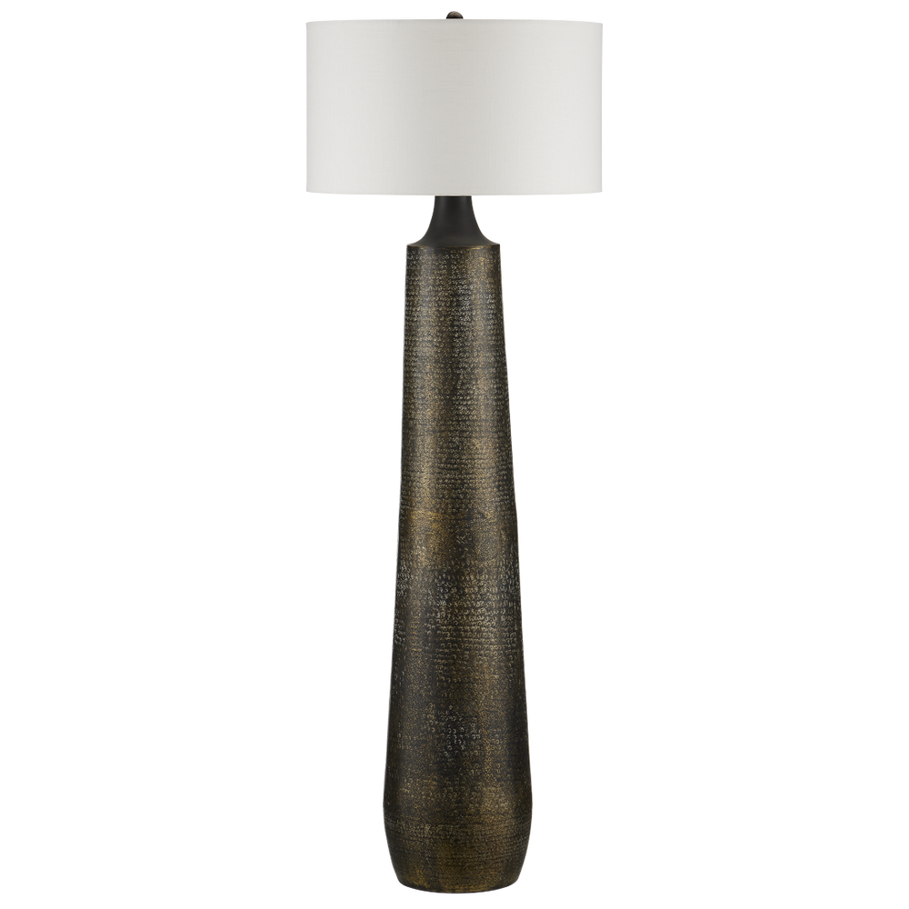 Brigadier Black Floor Lamp - Hand-Hammered Aluminum Design with Antique Gold Finish & Linen Shade