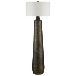 Brigadier Black Floor Lamp - Hand-Hammered Aluminum Design with Antique Gold Finish & Linen Shade