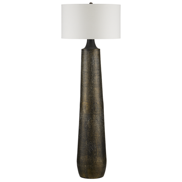 Brigadier Black Floor Lamp - Hand-Hammered Aluminum Design with Antique Gold Finish & Linen Shade