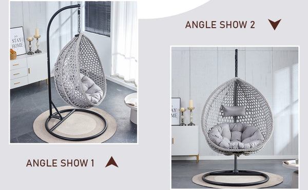 English Elm 76.8-inch Hand Woven Rattan Egg Swing Chair Indoor Outdoor with Cushion Lumbar Pillow Gray W1512P498595