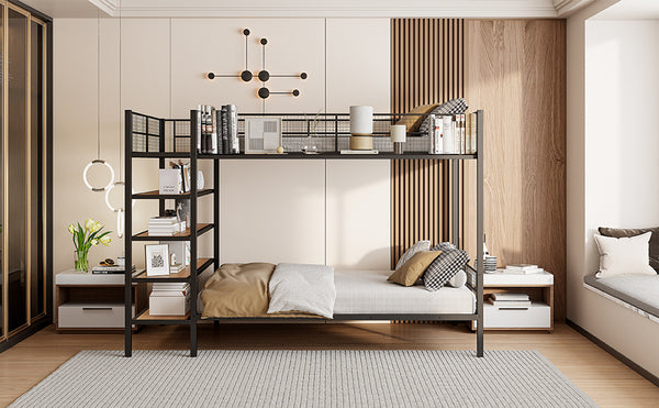 English Elm Twin Twin Over Full Metal Bunk Bed with 5-Tier Staircase Shelves, Space-Saving Storage & Wood Accents Black SF000175AAB