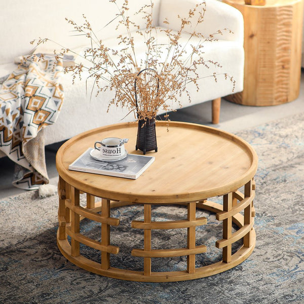English Elm 31.5" Round Boho Coffee Table Natural Solid Wood 31.5" Top Open-Frame Geometric Base Rustic Chic W3306P318876