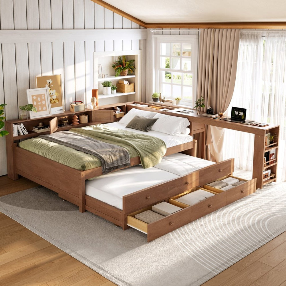 English Elm Twin Daybed Pine Frame with Trundle Desk Hutch Shelves and Storage for Kids Rooms Brown W1580S00462