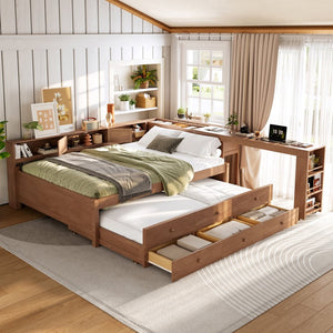 English Elm Twin Daybed Pine Frame with Trundle Desk Hutch Shelves and Storage for Kids Rooms Brown W1580S00462