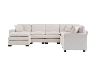 English Elm Modern U Shaped 6-Seat Sectional Sofa with Ottoman and 3 Toss Pillows, Corduroy Modular Comfort and Durable Frame White W2363S00039