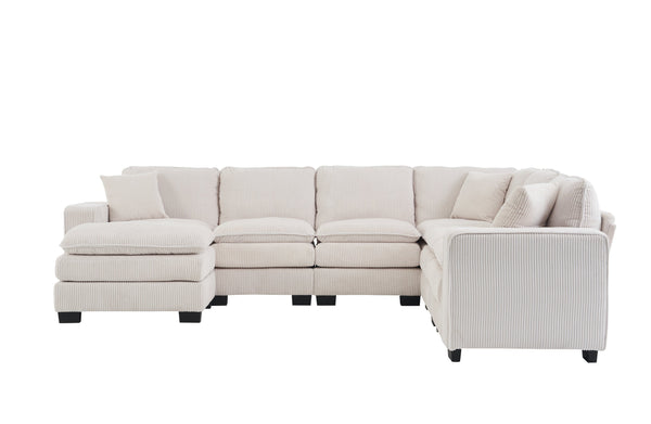 English Elm Modern U Shaped 6-Seat Sectional Sofa with Ottoman and 3 Toss Pillows, Corduroy Modular Comfort and Durable Frame White W2363S00039