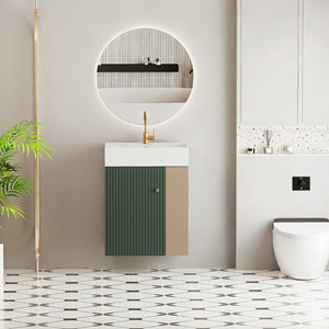 English Elm 21.6" Wall Mounted Sage Green Vanity Ceramic Sink Soft Close Cabinet Copper Hardware W1573S00089