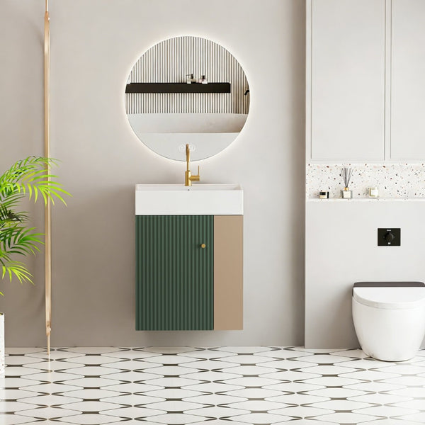 English Elm 21.6" Wall Mounted Sage Green Vanity Ceramic Sink Soft Close Cabinet Copper Hardware W1573S00089