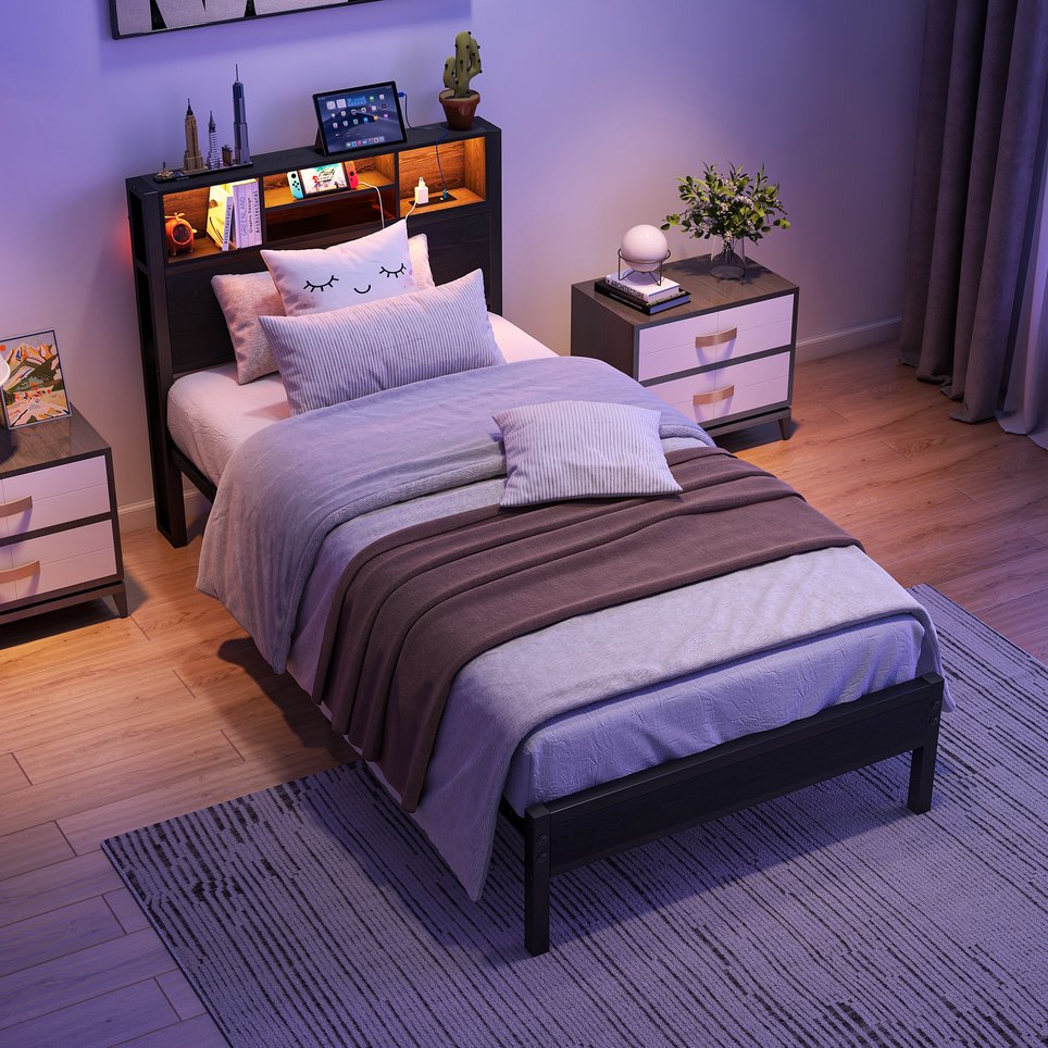 English Elm Twin Metal Platform Bed with Storage Headboard, RGB LED Lights, USB Charging, Under-Bed Space W840P201065