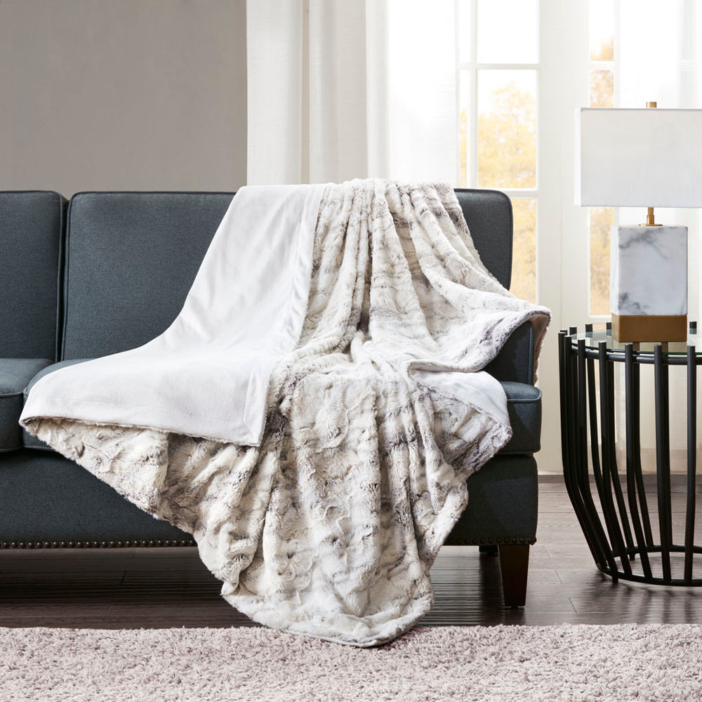 JLA Home Madison Park - Oversized Faux Fur Throw with Luxurious Marble Print — Extra-Large Plush, Machine-Washable Comfort Natural MP50-4907