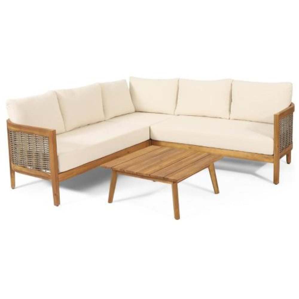 English Elm Brooklyn Outdoor 4 Piece Acacia Wood Sectional Set with Beige Cushions Teak Finish N773OS00113B