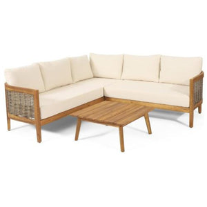 English Elm Brooklyn Outdoor 4 Piece Acacia Wood Sectional Set with Beige Cushions Teak Finish N773OS00113B