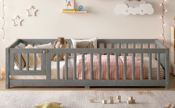 English Elm Twin Floor Bed Solid Pine Frame with Guardrails and Door for Safe Kid Sleep W1580P433575