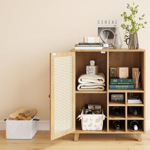 English Elm Rattan Cane Front Sideboard with Drawers Adjustable Shelf Bohemian Storage Cabinet Natural T3623P434759