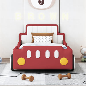 English Elm Twin Race Car-Shaped Platform Bed with Safety Rails and Sturdy Slats for Kids’ Room Comfort Red SF000127AAJ