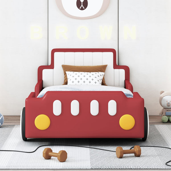English Elm Twin Race Car-Shaped Platform Bed with Safety Rails and Sturdy Slats for Kids’ Room Comfort Red SF000127AAJ