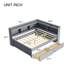 English Elm Full Size L-Shaped Bed With Bookcases, Usb Ports & Drawers - Space-Saving Grey Bedroom Solution W504S00245