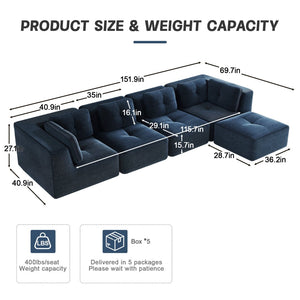 English Elm Modern Corduroy Sectional Sofa with Tufted Cushions Deep Seat and Movable Ottoman Blue W714S01805