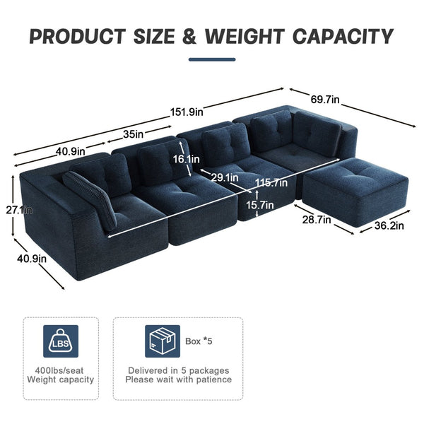 English Elm Modern Corduroy Sectional Sofa with Tufted Cushions Deep Seat and Movable Ottoman Blue W714S01805