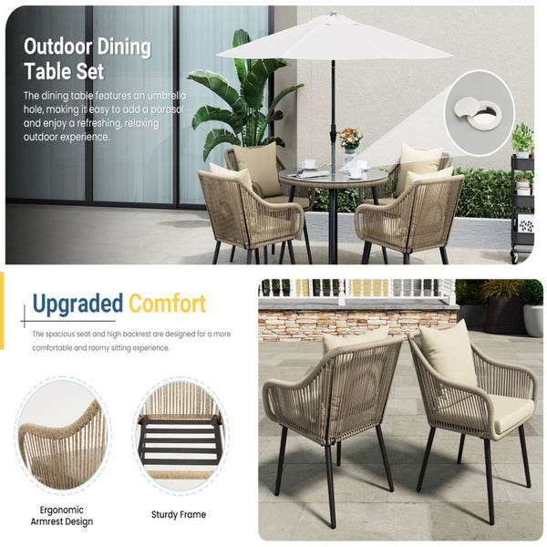 English Elm 5-piece Outdoor Wicker Patio Dining Set with Tempered Glass Table and Umbrella Hole Beige+Brown B082S00074