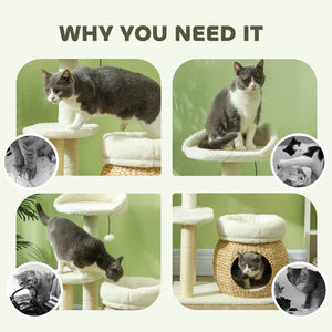 English Elm Large Floral Cat Tree 74 Inch Teddy Fleece Multi Level Tower with Sisal Scratching Posts T3971P413061