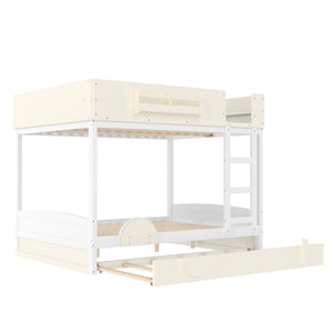 English Elm Queen Bunk Bed with Trundle Solid Pine Kids Car Themed Frame Built-in Bookshelf Beige+White W1580S00446