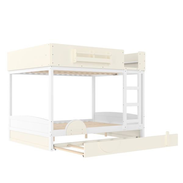 English Elm Queen Bunk Bed with Trundle Solid Pine Kids Car Themed Frame Built-in Bookshelf Beige+White W1580S00446