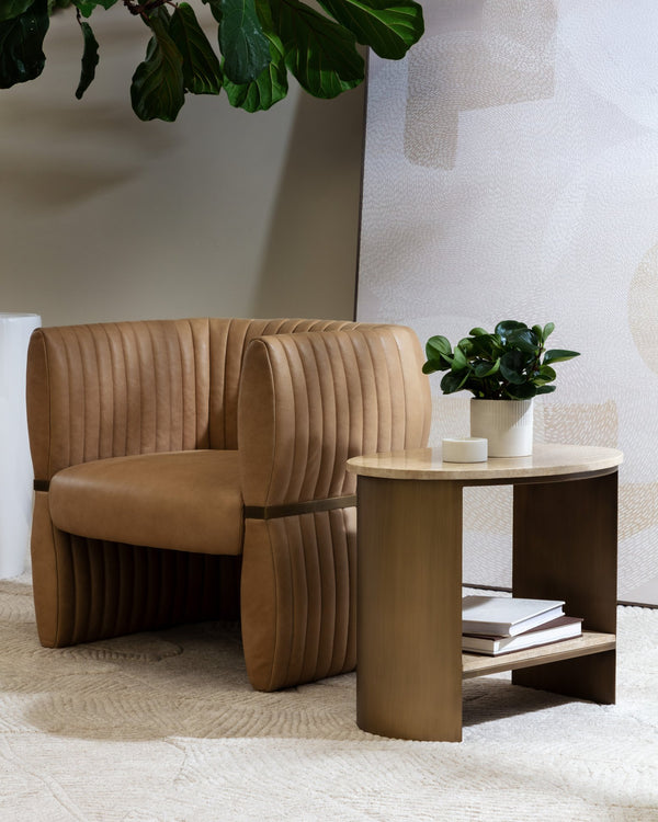 Sunpan Tryor Lounge Chair - Luxurious Top Grain Leather with Antique Brass Accent for Contemporary Living Spaces Sahara Sand Leather