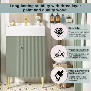 English Elm 21.6" Green Bathroom Vanity with Ceramic Sink, Left Side Storage, Gold Legs, Soft-Close, Modern Finish SV000007AAF