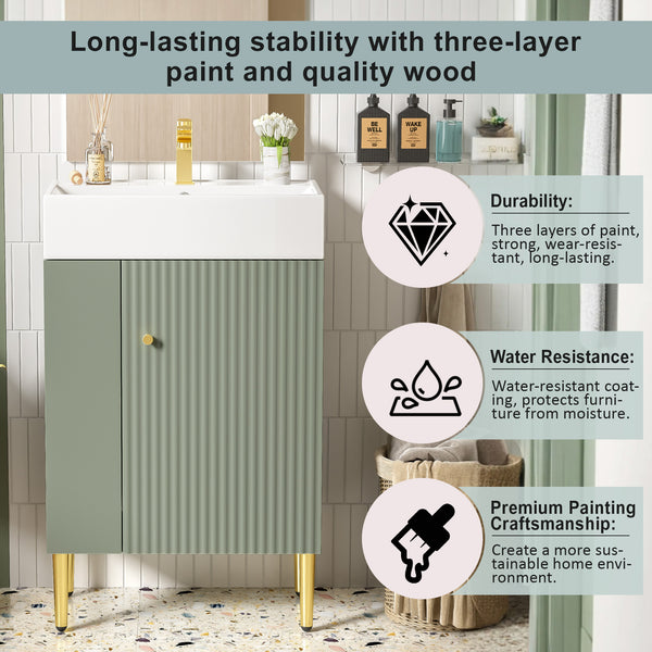 English Elm 21.6" Green Bathroom Vanity with Ceramic Sink, Left Side Storage, Gold Legs, Soft-Close, Modern Finish SV000007AAF
