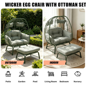 English Elm Double Egg Chair Wicker Outdoor Lounge Set with Ottoman and Weather Resistant Cushions T5880P501484