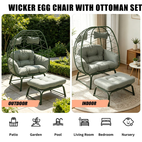 English Elm Double Egg Chair Wicker Outdoor Lounge Set with Ottoman and Weather Resistant Cushions T5880P501484