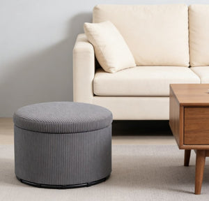 English Elm Upholstered Corduroy Round Storage Ottoman with Lid for Living Room or Bedroom T3971P430899