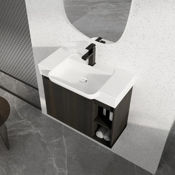 English Elm 28'' Floating Bathroom Vanity with Ceramic Sink Soft Close Door Melamine Cabinet Dark Oak W999P426640