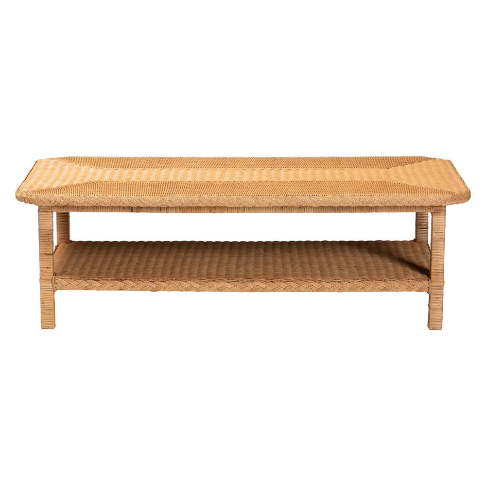 English Elm Bohemian Braided Rattan Coffee Table with Open Shelf for Organic Living Room Style B2750P467768