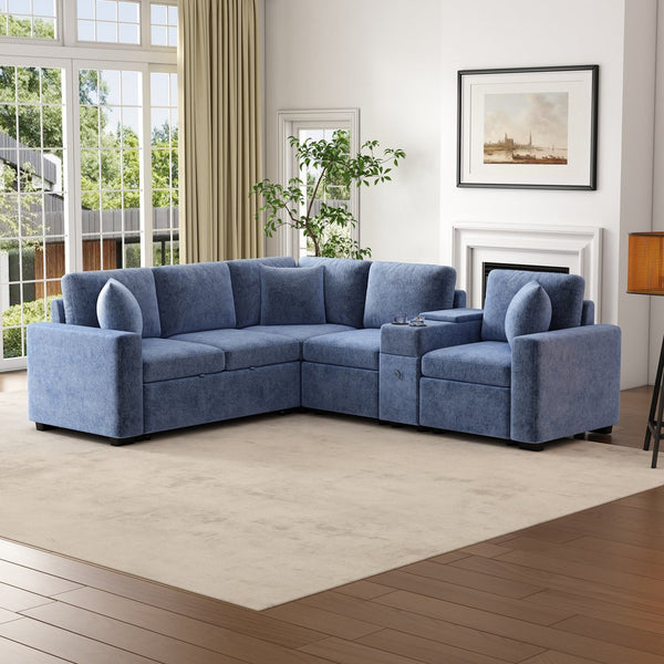 English Elm 120.5" L-shaped Convertible Sofa Bed Modular Sectional with Pull-Out Sleeper, Chenille, Storage, Cup Holders Blue N719S001940C