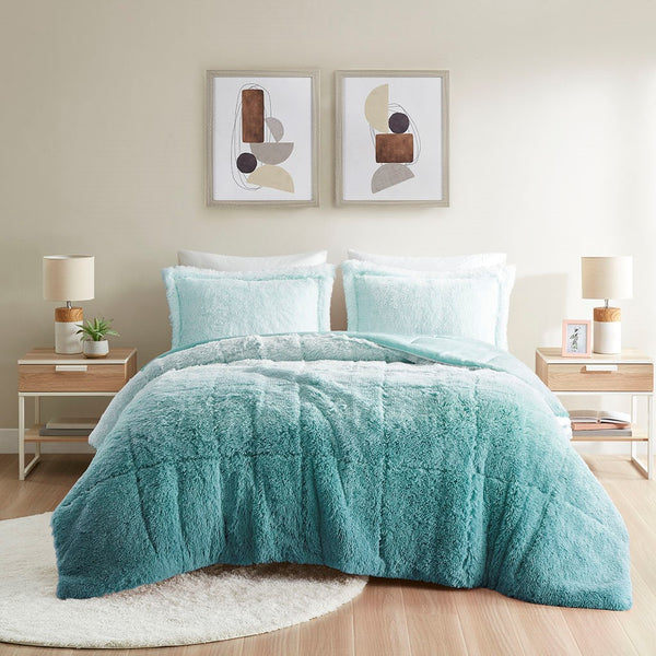 English Elm King/Cal King Brielle Ombre Shaggy Faux Fur Comforter Mini Set - Plush Hypoallergenic Cozy Warmth Aqua 15.75 L x 11.81 W x 11.81 H B03595986