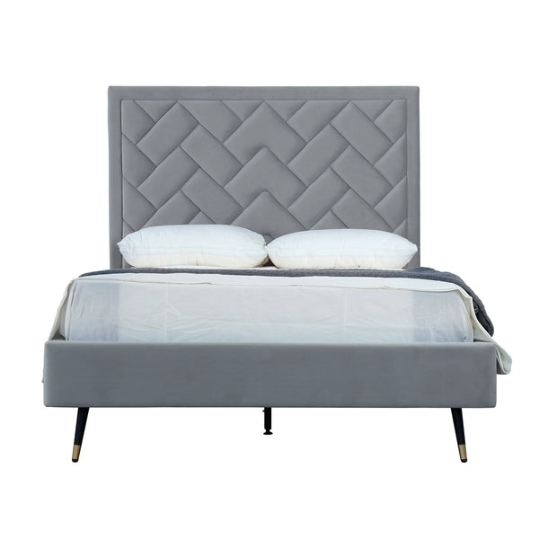 English Elm Crosby Upholstered Velvet Full Bed with Chevron-Stitched Headboard, Solid Slats, No Box Spring Needed Grey B365S00031