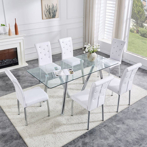 English Elm 71-inch Tempered Glass Dining Table Electroplated Metal Base Open Airy Modern Style White W3875S00005
