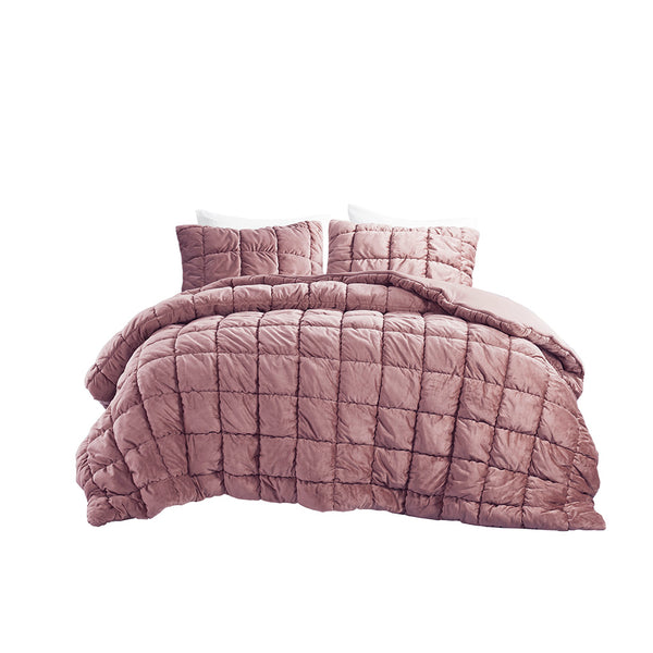 JLA Home Intelligent Design - 3 Plush Velvet Comforter Set with Hypoallergenic Down Alternative Fill, Box Quilting, OEKO-TEX Certified Pink ID10-2341