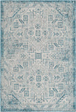 Unique Loom Outdoor Aztec Coba Machine Made Border Rug Teal, Ivory/Gray 5' 3" x 8' 0"