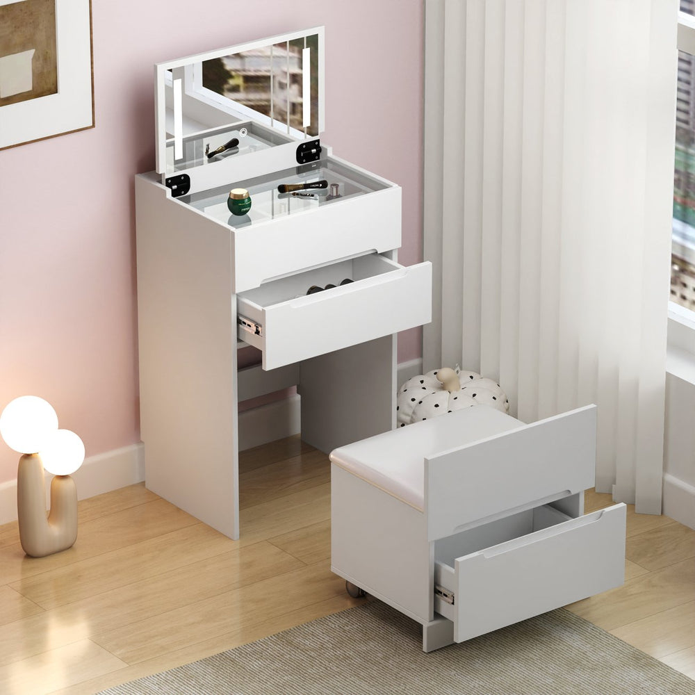 English Elm 3 3-in-1 Vanity Desk with Lighted Flip Mirror, Compact Corner Makeup Table with Storage Drawers and Glass Top W331P265782
