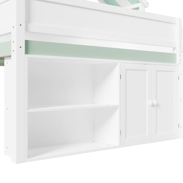 English Elm Full Size Pine Loft Bed with House Canopy Roof Built-in Shelves Kids Bedroom N7090005012F
