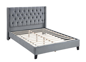 English Elm Full Size Gray Velvet Platform Bed Diamond Tufted Upholstered Headboard Nailhead Trim B011S02056