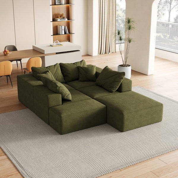 English Elm Modern Upholstered Sectional Sofa Set Modular 132" L-Shape Chenille Couch with 6 Pillows, No-Assembly Comfort and FlexibilityReadable? Green W834S00501