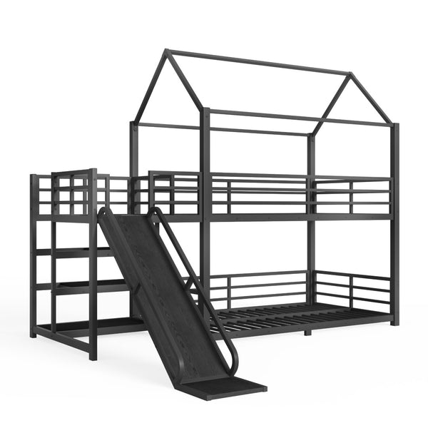 English Elm Twin House Bunk Bed with Slide Storage Stairs and Safety Rails for Kids Rooms W1580S00648