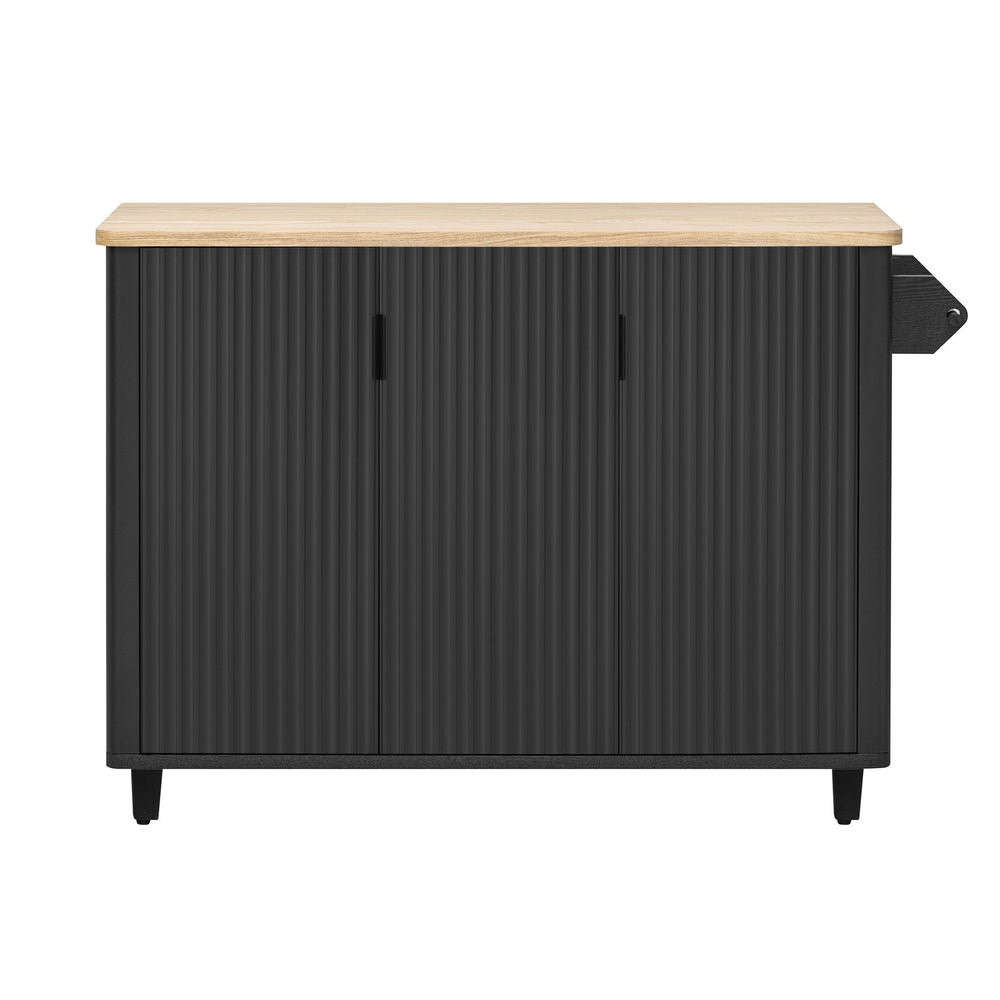 English Elm K&K 51" Fluted Kitchen Island with Waveform Panels, Drop Leaf, Rolling Cart with Towel Rack and Storage Black N707P221446B