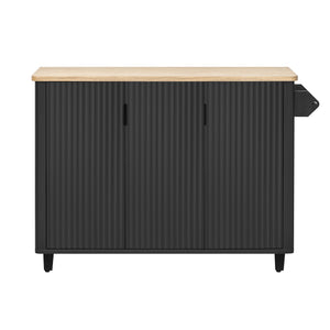 English Elm K&K 51" Fluted Kitchen Island with Waveform Panels, Drop Leaf, Rolling Cart with Towel Rack and Storage Black N707P221446B