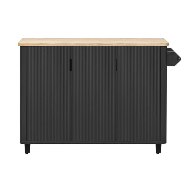 English Elm K&K 51" Fluted Kitchen Island with Waveform Panels, Drop Leaf, Rolling Cart with Towel Rack and Storage Black N707P221446B
