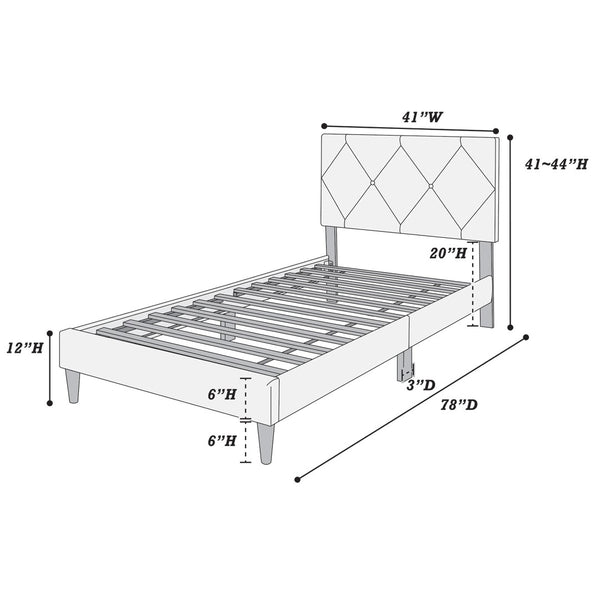 English Elm Twin Velvet Upholstered Bed With Adjustable Headboard, Diamond Stitching, And Sturdy Slat Support B089P240513-GIGA